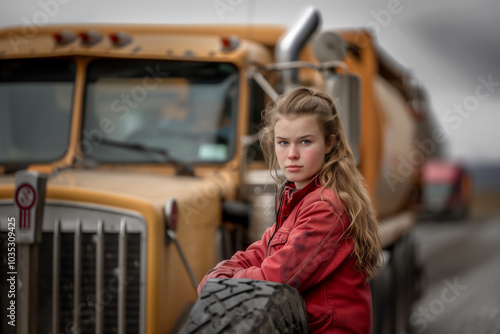 A woman stands confidently in front of a fleet of trucks. The blurred background highlights her strong presence, reflecting professionalism and independence.