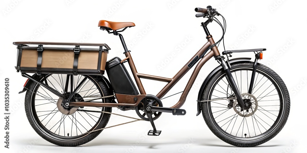 Side View of a Brown Electric Bicycle with a Wooden Crate, ebike , cargo bike Side View of a Brown Electric Bicycle with a Wooden Crate, ebike , cargo bike