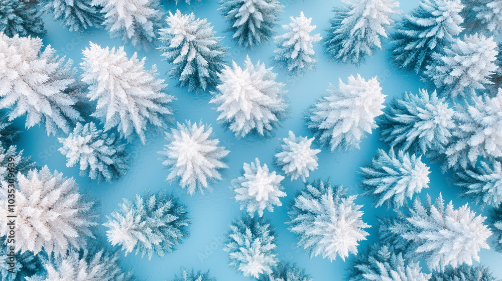 Overhead view of snow-covered pine trees against a light blue background. Overhead view of snow-covered pine trees against a light blue background.