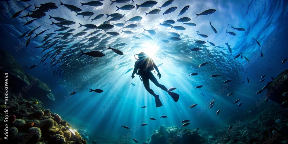Obraz premium Silhouetted Diver Surrounded by Fish in Underwater Sunlight, Scuba Diving, Underwater Photography