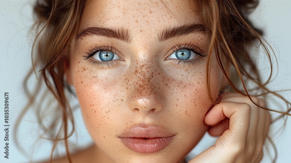 Close-up portrait of a young woman with freckles and blue eyes looking directly at the camera. Close-up portrait of a young woman with freckles and blue eyes looking directly at the camera.