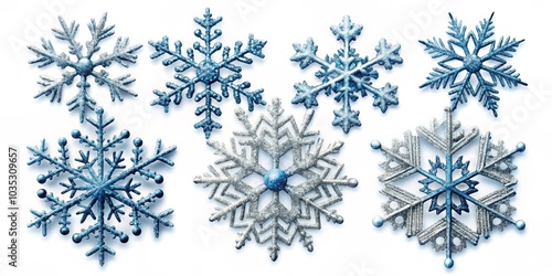 Seven Glittering Blue and Silver Snowflakes on White, Winter, Holiday