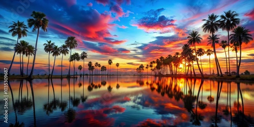 Silhouettes of Palm Trees Reflecting on a Calm Lake at Sunset, Palm Trees, Sunset