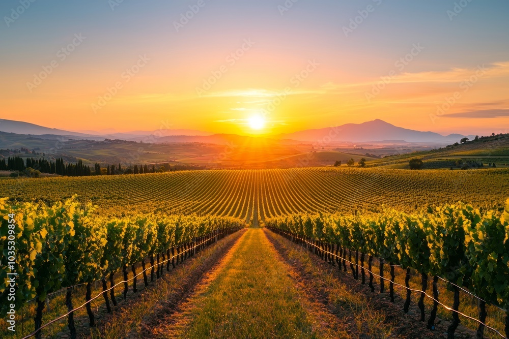 Fototapeta premium Vineyard rows at sunset with a golden sky