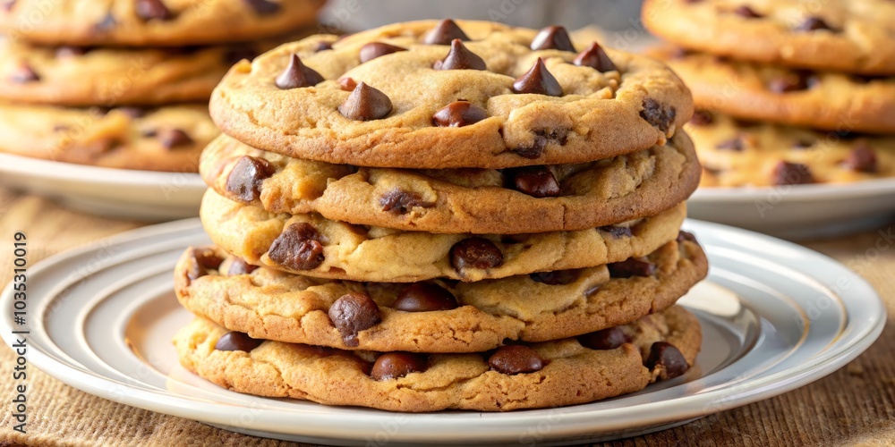 Stack of Soft and Chewy Chocolate Chip Cookies on White Plate, cookie, chocolate chip cookie Stack of Soft and Chewy Chocolate Chip Cookies on White Plate, cookie, chocolate chip cookie