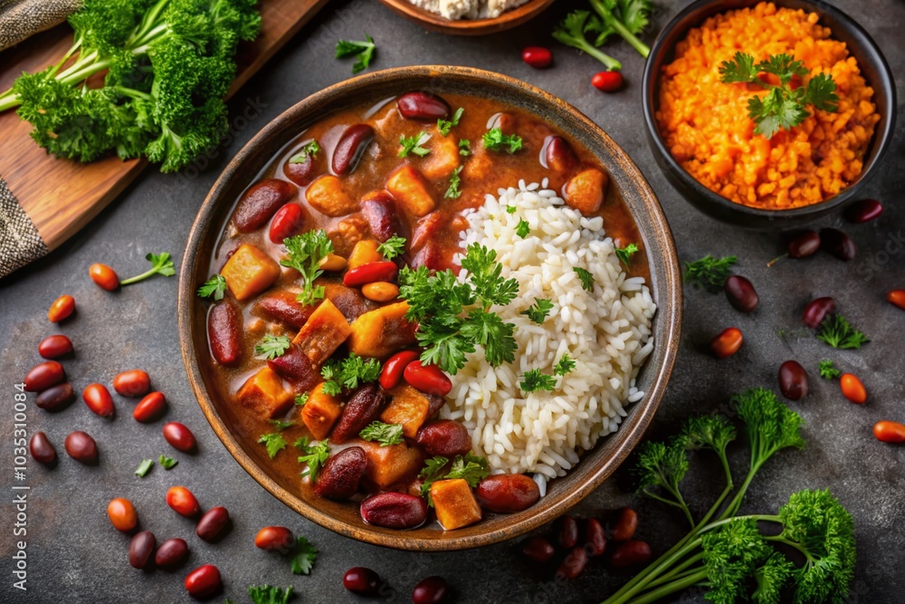 Cajun Red Beans and Rice with Shredded Carrots on Dark Background - Food Photography Cajun Red Beans and Rice with Shredded Carrots on Dark Background - Food Photography