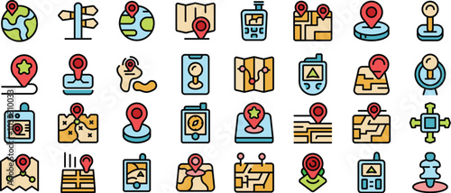 This set of colorful icons represents various aspects of location and navigation, ideal for projects related to travel, mapping, and finding places