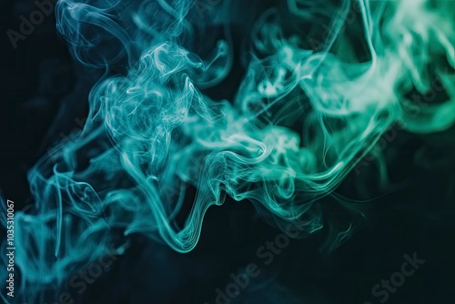 Whiffs of green glowing smoke and swirls of aromatic colorful incense against a Black background. Dramatic haze effect for a spooky Halloween background. with generative ai