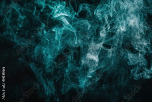 Whiffs of green glowing smoke and swirls of aromatic colorful incense against a Black background. Dramatic haze effect for a spooky Halloween background. with generative ai