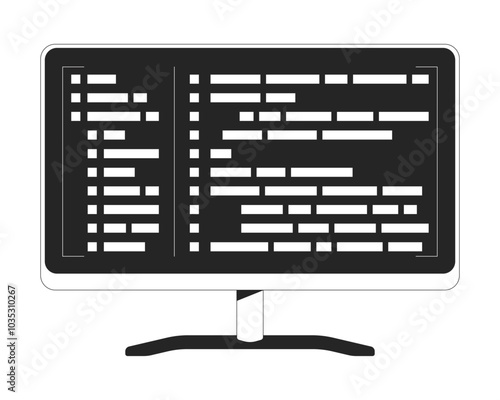 Computer monitor with programming syntax code black and white 2D line object. Coding display. Software engineering program isolated clip art vector outline item. Monochromatic spot illustration