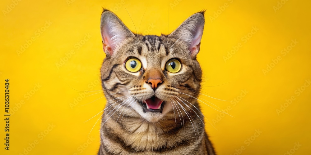 Obraz premium Surprised Tabby Cat with Wide Eyes and Open Mouth on Yellow Background, cat, portrait