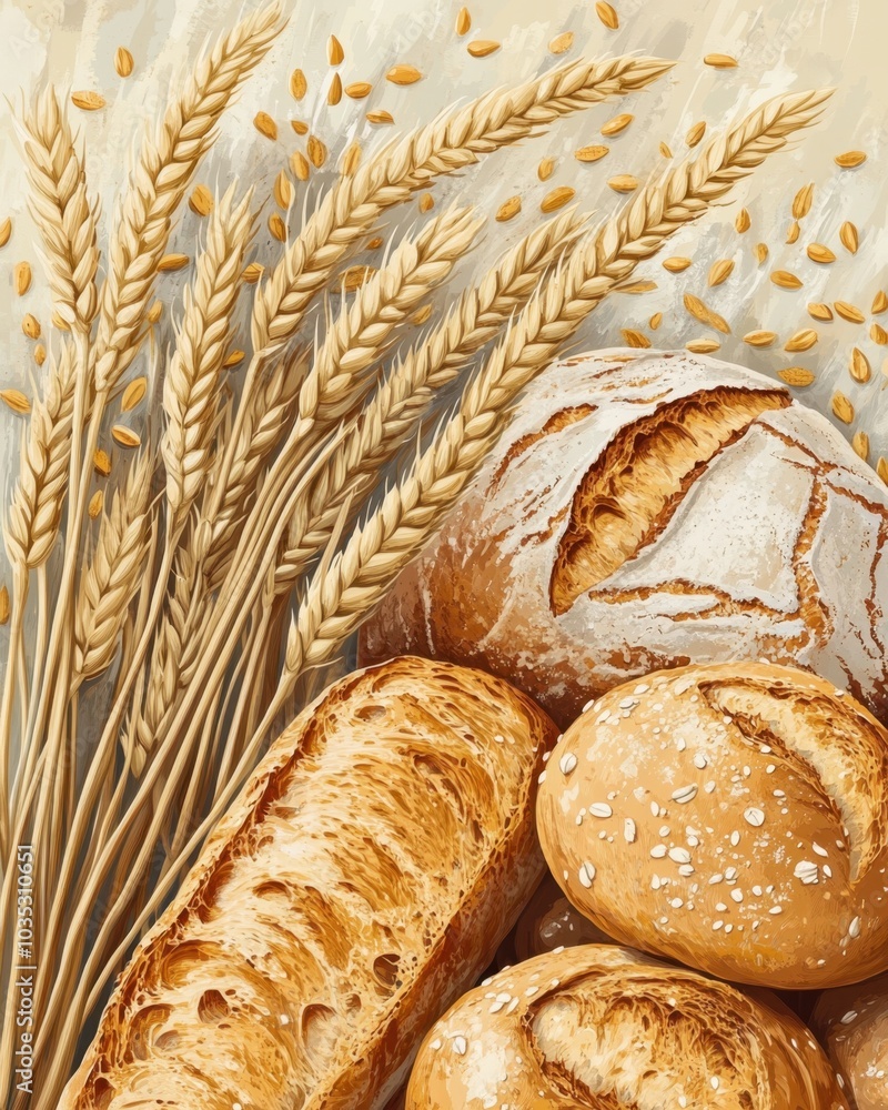 Illustration of wheat sheaves and rustic bread loaves for artisanal bakery packaging