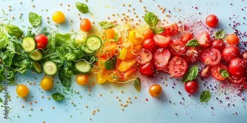 Fresh salad ingredients arranged in a colorful gradient with cucumbers, tomatoes, bell peppers, and basil