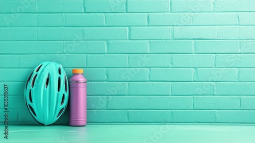 A striking teal cycling helmet and a purple water bottle stand out against a textured block wall, forming a bold and energetic display that highlights adventure. photo