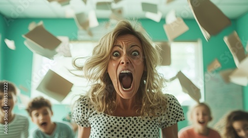 A frustrated teacher expresses exasperation while children laugh excitedly in the background, depicting a humorous classroom moment full of action and emotion.