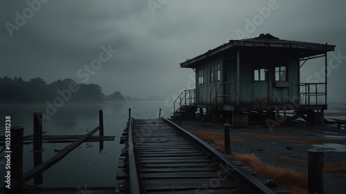 A weathered wooden shack stands on a pier leading into a misty lake.