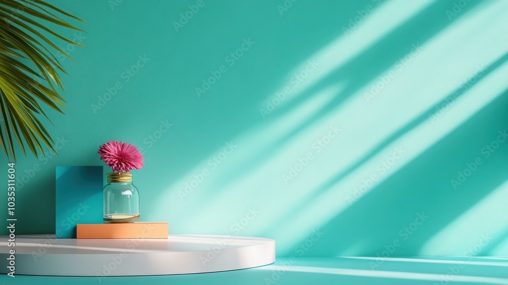 A decorative pink flower is elegantly displayed in a glass vase, accentuated by a minimalist setting with modern elements against a turquoise backdrop. A decorative pink flower is elegantly displayed in a glass vase, accentuated by a minimalist setting with modern elements against a turquoise backdrop.