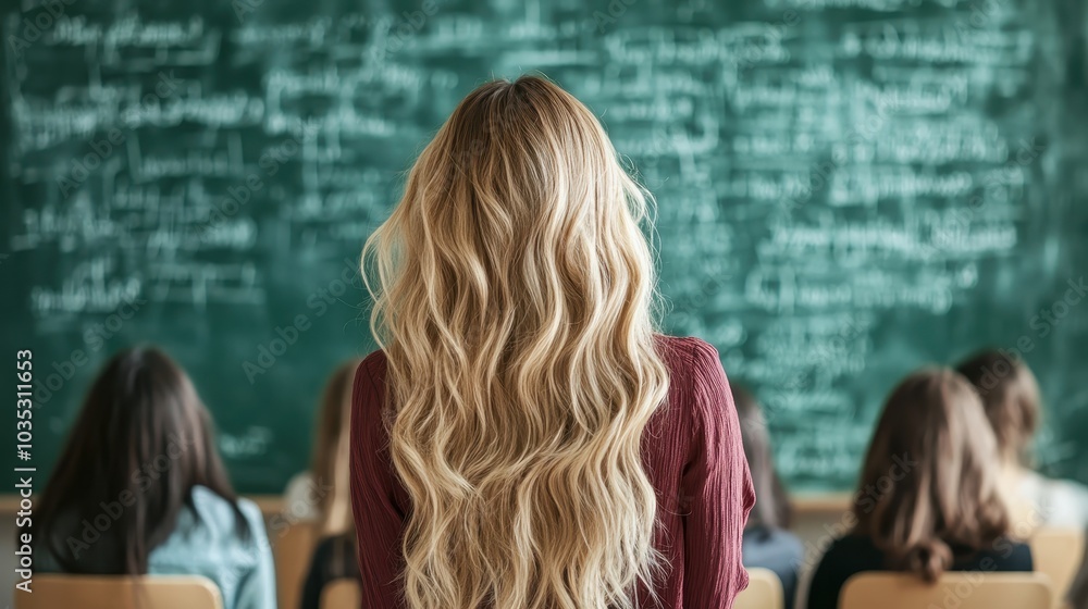 A teacher stands with her back to the camera, writing on an intricate chalkboard, while students watch, highlighting the importance of a structured learning environment. A teacher stands with her back to the camera, writing on an intricate chalkboard, while students watch, highlighting the importance of a structured learning environment.