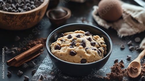 Bowl of chocolate chip cookie dough in preparation perfect for baking scenes