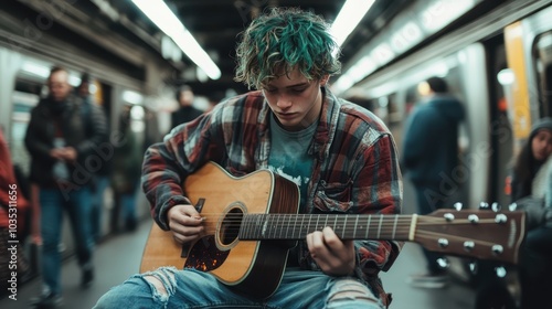 A street musician with green hair plays an acoustic guitar in a busy subway station, capturing a moment of urban creativity and expression through music. photo