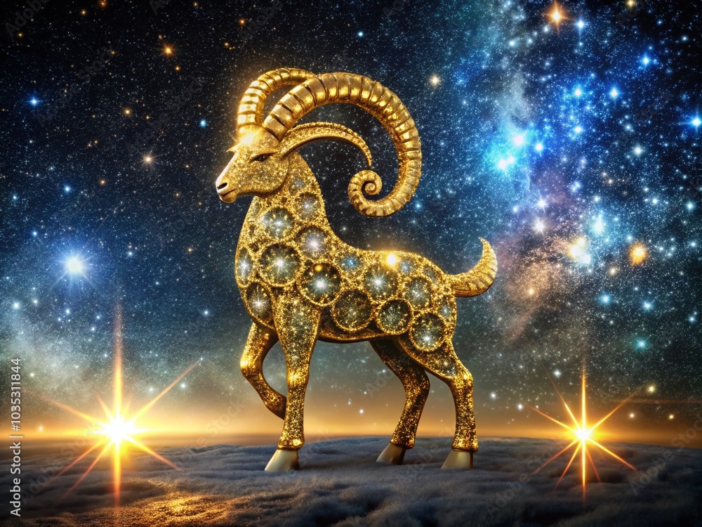 Capricorn Zodiac Sign in Glittering Gold on Black Sky - Astrology Symbol Art Capricorn Zodiac Sign in Glittering Gold on Black Sky - Astrology Symbol Art
