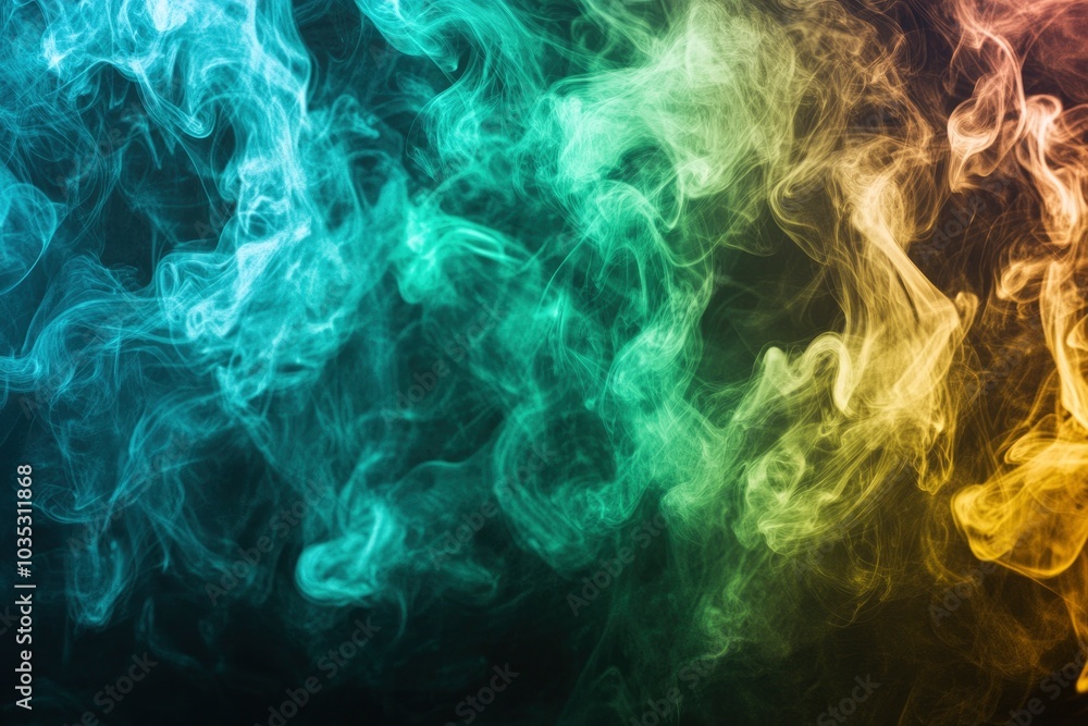 Whiffs of green glowing smoke and swirls of aromatic colorful incense against a Black background. Dramatic haze effect for a spooky Halloween background. with generative ai Whiffs of green glowing smoke and swirls of aromatic colorful incense against a Black background. Dramatic haze effect for a spooky Halloween background. with generative ai