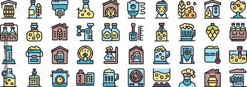 This vector set features icons related to craft beer, brewing, and the equipment used in the process