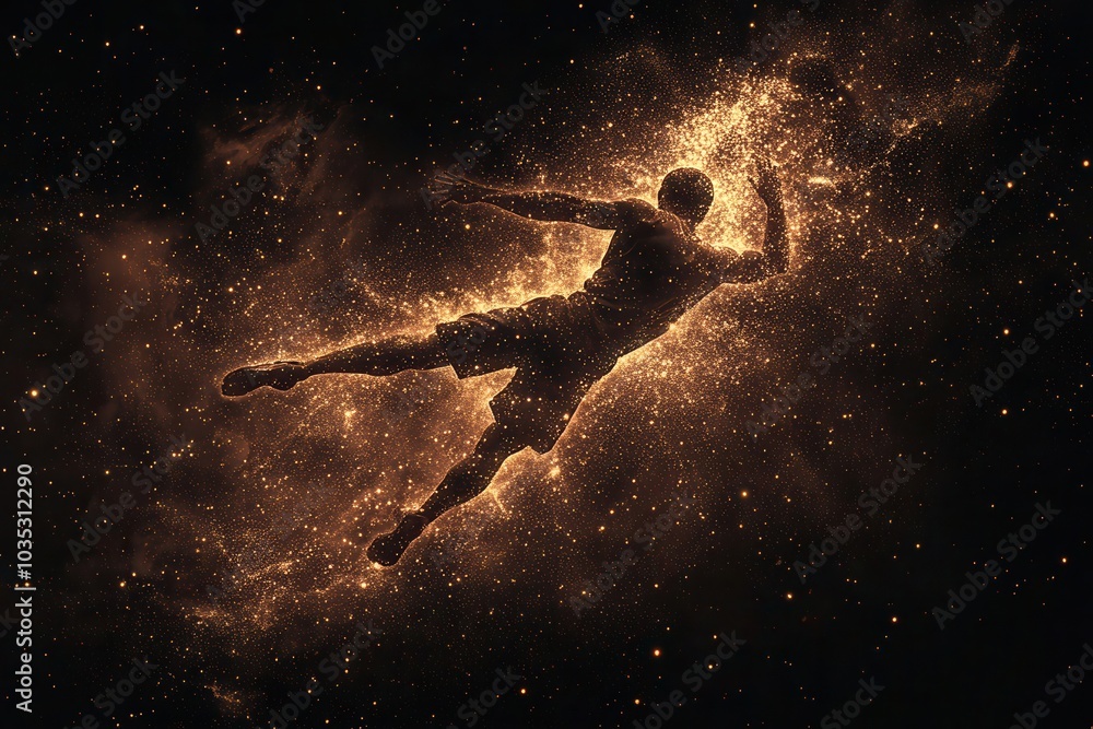 Naklejka premium A silhouette of a person blending into a cosmic nebula, symbolizing unity with the universe and the mystery of existence.