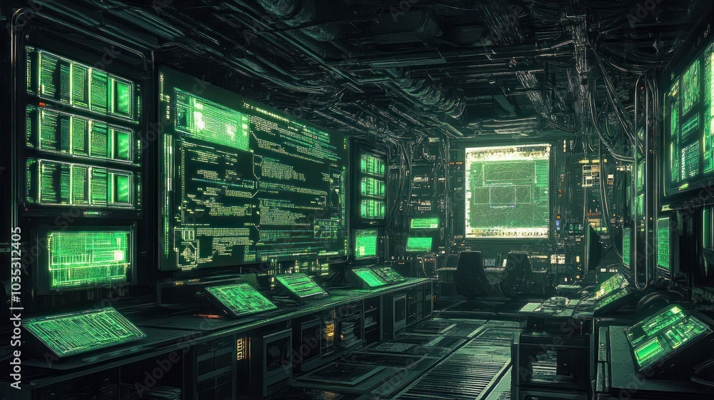 Fototapeta premium Futuristic Server Room with Green Screens Displaying Data and Code