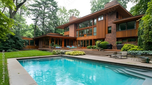 Photograph of a spacious contemporary suburban house with a large well manicured yard and an inviting backyard swimming pool surrounded by verdant foliage and serene landscaping