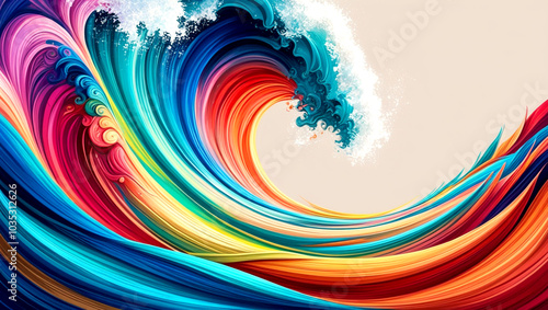 Abstract bright multicolored wave paintbrush drawing. A heavy sea during a thunderstorm with large crashing ocean waves. Gradient colorful wave transitioning across the full color spectrum.