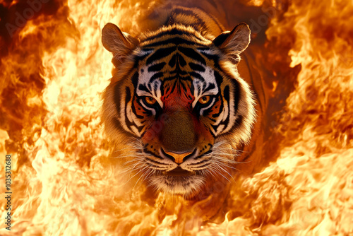 Fierce tiger with flames in background