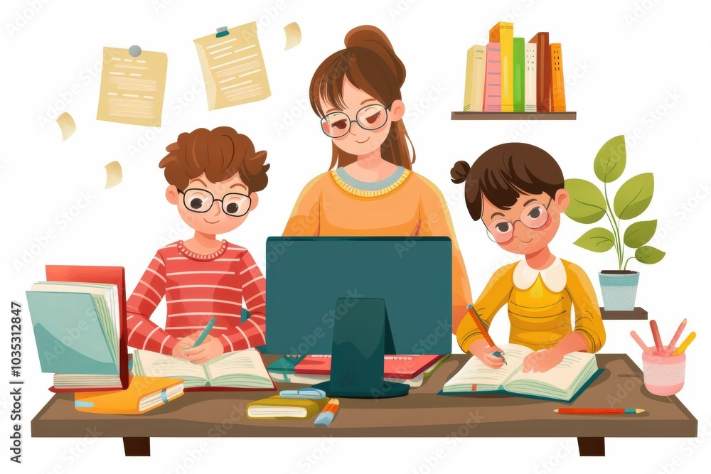 Teacher and two students working together at a desk Teacher and two students working together at a desk