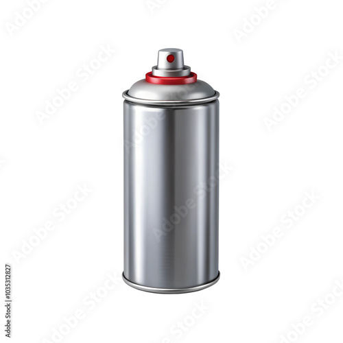 Spray paint can, silver with a black cap and red spray details