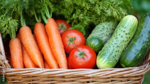 A vibrant assortment of fresh vegetables in a colorful harvest basket, featuring red tomatoes, green cucumbers, and orange carrots, all in selective focus