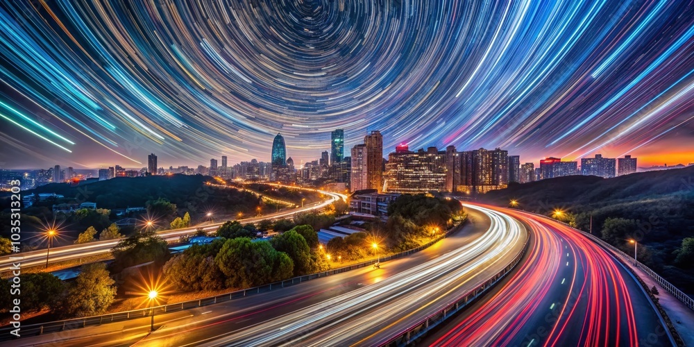 Obraz premium Captivating Long Exposure Nightscape with Star Trails and City Lights