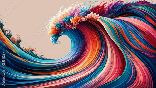 Abstract bright multicolored wave paintbrush drawing. A heavy sea during a thunderstorm with large crashing ocean waves. Gradient colorful wave transitioning across the full color spectrum.