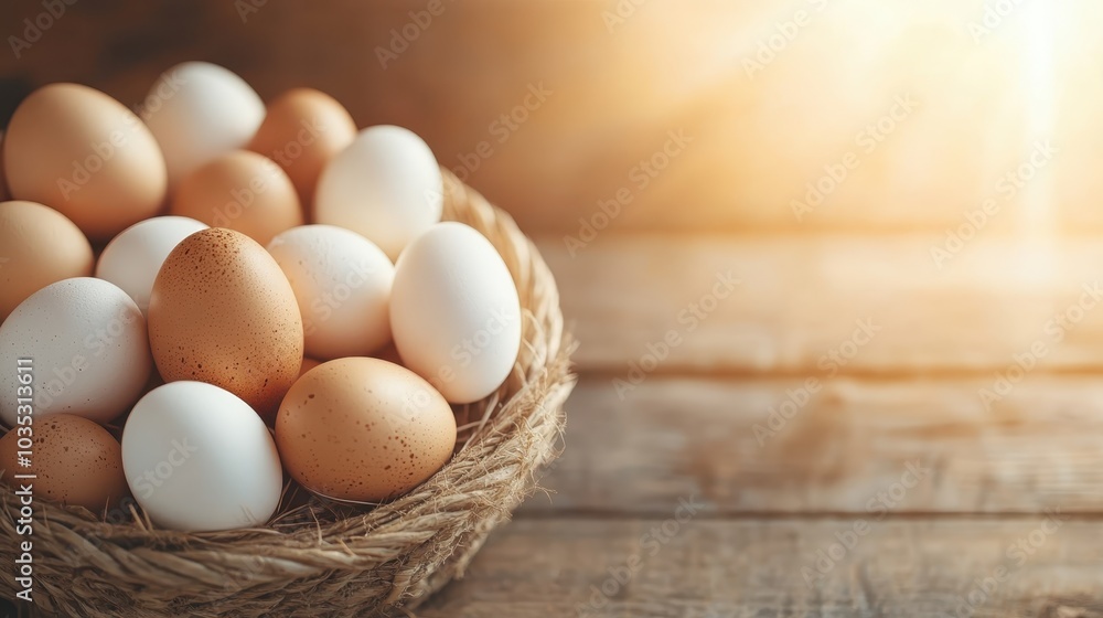 A rustic basket overflowing with fresh brown and white eggs sits in a sunlit room, capturing a serene and inviting homely environment of comfort. A rustic basket overflowing with fresh brown and white eggs sits in a sunlit room, capturing a serene and inviting homely environment of comfort.