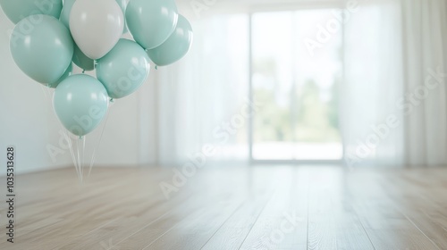 Pastel mint and white balloons are seen floating in an elegant, brightly-lit empty room, casting soft shadows that evoke a sense of simplicity and understated beauty. photo