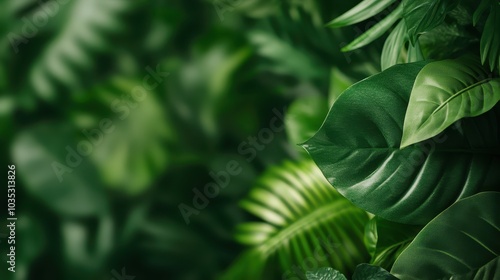 A close-up shot of green leaves highlights their rich textures and vibrant colors, set against a lush background that enhances the tropical beauty of the foliage.