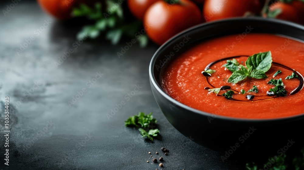 A steaming bowl of tomato soup garnished with fresh herbs and a drizzle of olive oil sits against a rustic backdrop, offering a comforting and wholesome meal option. A steaming bowl of tomato soup garnished with fresh herbs and a drizzle of olive oil sits against a rustic backdrop, offering a comforting and wholesome meal option.