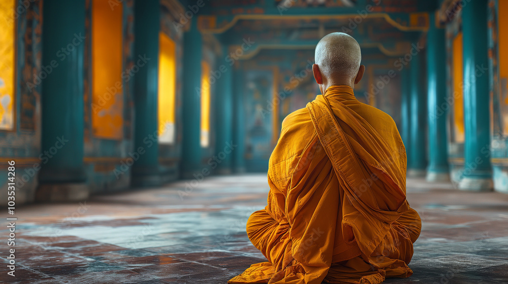 Buddhist monk, serene and contemplative, meditating in a tranquil temple setting Buddhist monk, serene and contemplative, meditating in a tranquil temple setting