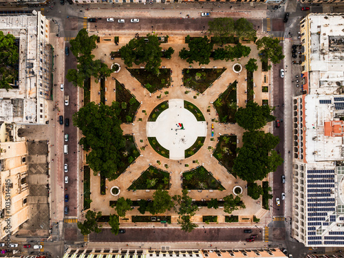 Mérida, Mexico - 27 September 2024: Aerial view of Plaza Grande with trees and buildings, Merida, Mexico.