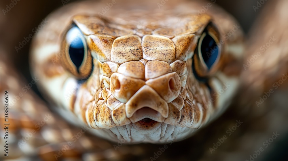 Fototapeta premium Extreme close-up of a snake's intricately patterned face, highlighting detailed scales and piercing eyes, showcasing the beauty and fearsome presence of reptiles.