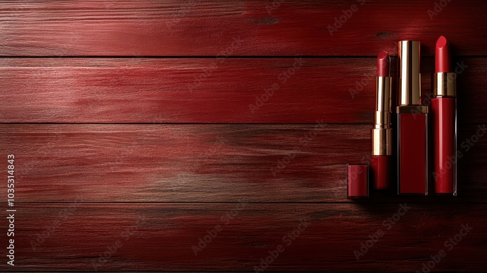 A collection of three elegant red lipsticks placed upright on a smooth wooden background, showcasing a luxurious and classic beauty aesthetic arrangement.