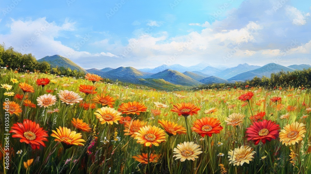 A Field of Orange and Red Flowers with Mountain View A Field of Orange and Red Flowers with Mountain View