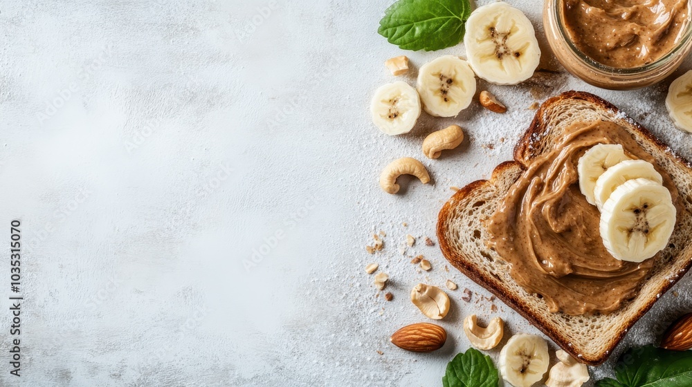 A slice of whole grain toast enriched with a generous layer of peanut butter, topped with banana slices, almonds, and cashews, against a textured backdrop. A slice of whole grain toast enriched with a generous layer of peanut butter, topped with banana slices, almonds, and cashews, against a textured backdrop.