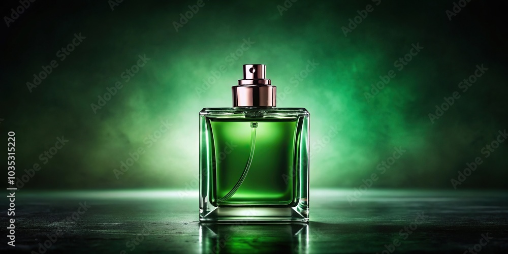 Green perfume bottle with water droplet on dark background