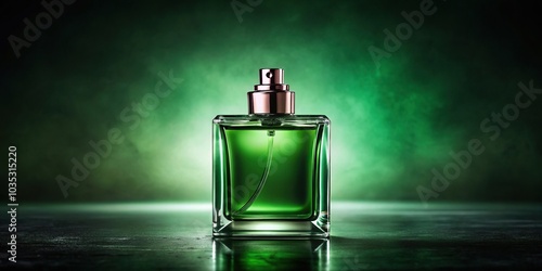 Obraz na płótnie Green perfume bottle with water droplet on dark background w salonie