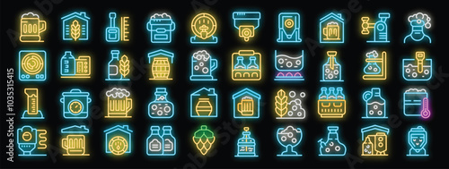 Brewery equipment and beer production process neon icons set on a black background